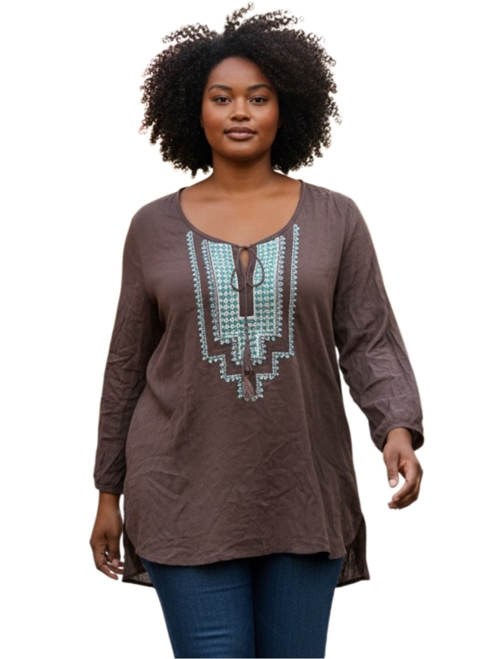 Unique Spectrum Brown Tunic with Teal Embroidery
